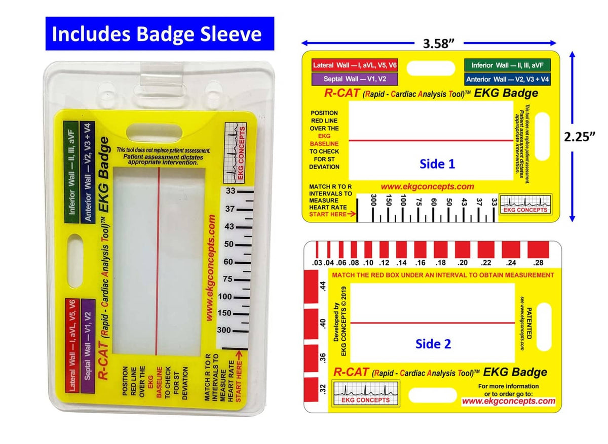 EKG analysis badge in a clear sleeve packaging, bright yellow insert with ruler scale