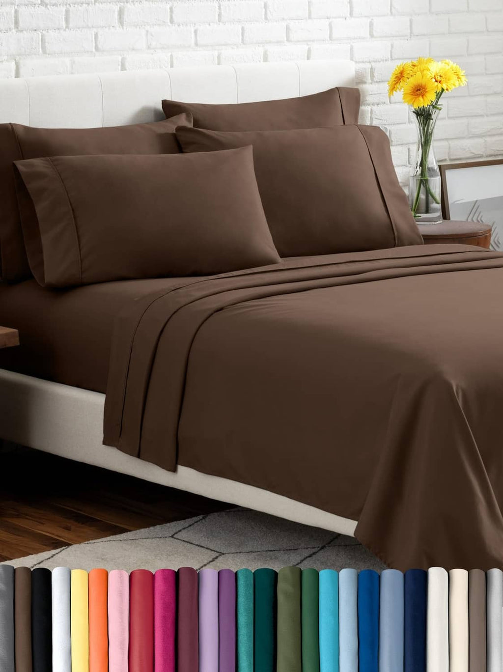 Cocoa brown queen bed sheet set with matching pillowcases and neatly draped sheets