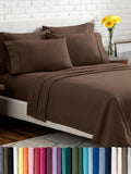 Cocoa brown queen bed sheet set with matching pillowcases and neatly draped sheets