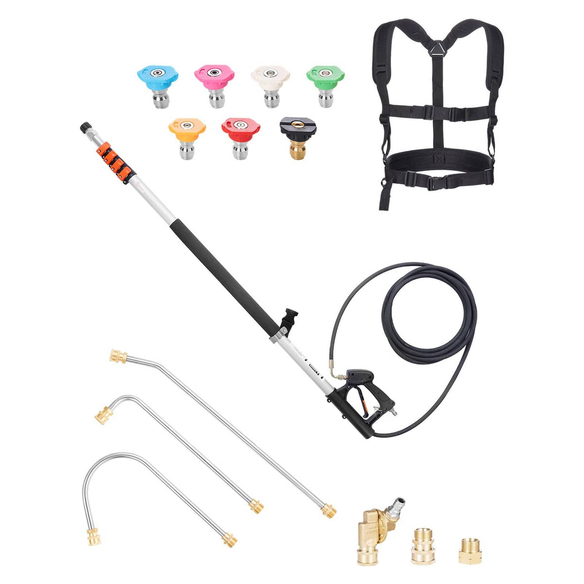 Telescoping pressure washer wand with black hose, 7 colored nozzle tips, and harness