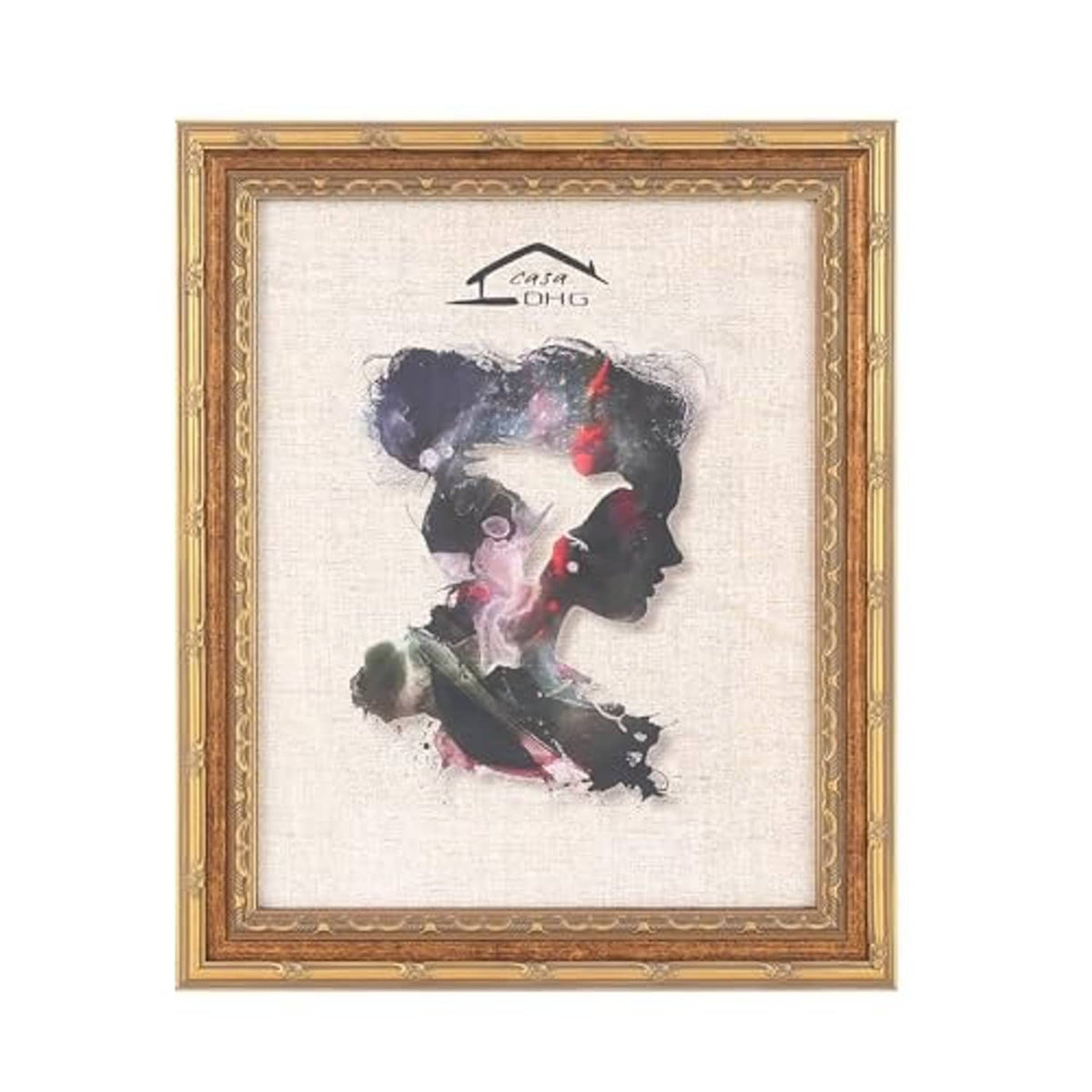 Vintage 11x14 picture frame with ornate gold trim and portrait photo insert, front view