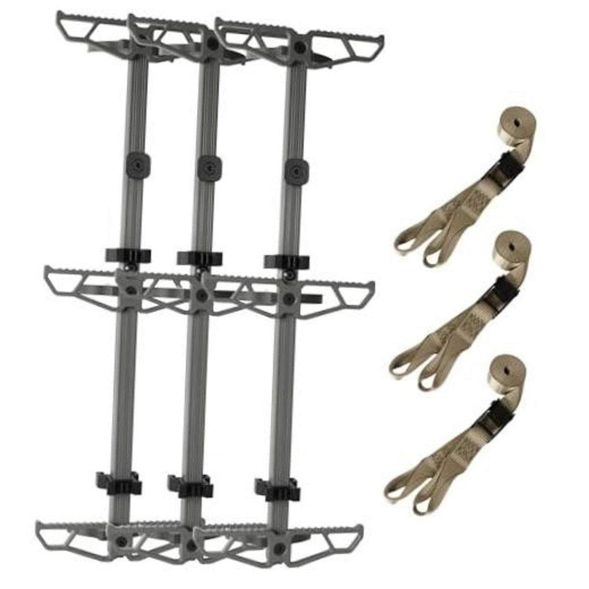 Gray aluminum tree-climbing sticks with three platform steps and mounting braces