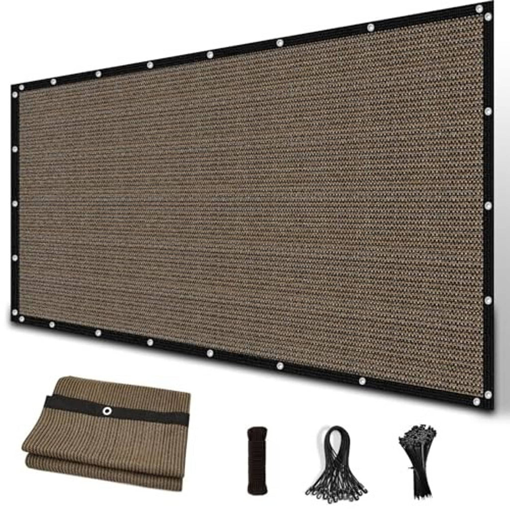 Brown mesh pergola shade cloth with metal grommets, plus folded fabric and tie accessories