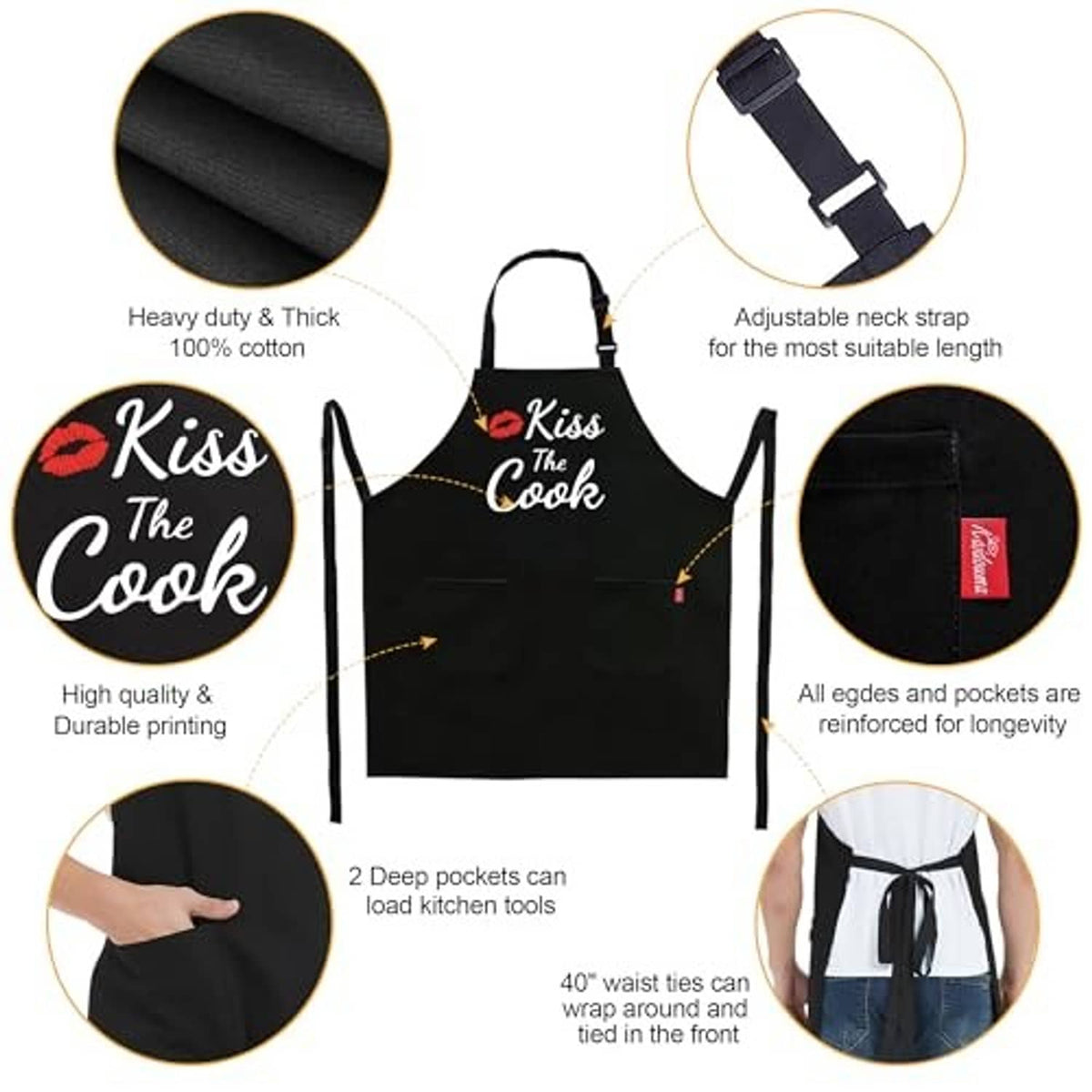 Black cotton apron with “Kiss the Cook” logo, adjustable strap, and two front pockets