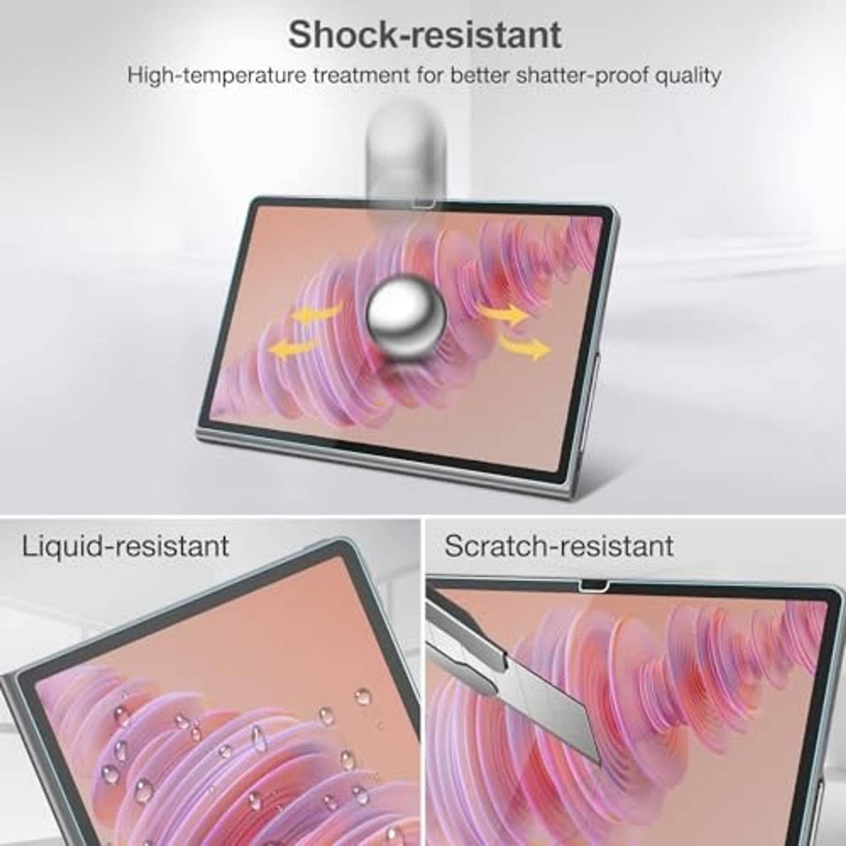 11.5-inch tempered glass screen protector on tablet display, shock-, scratch-, liquid-resistant