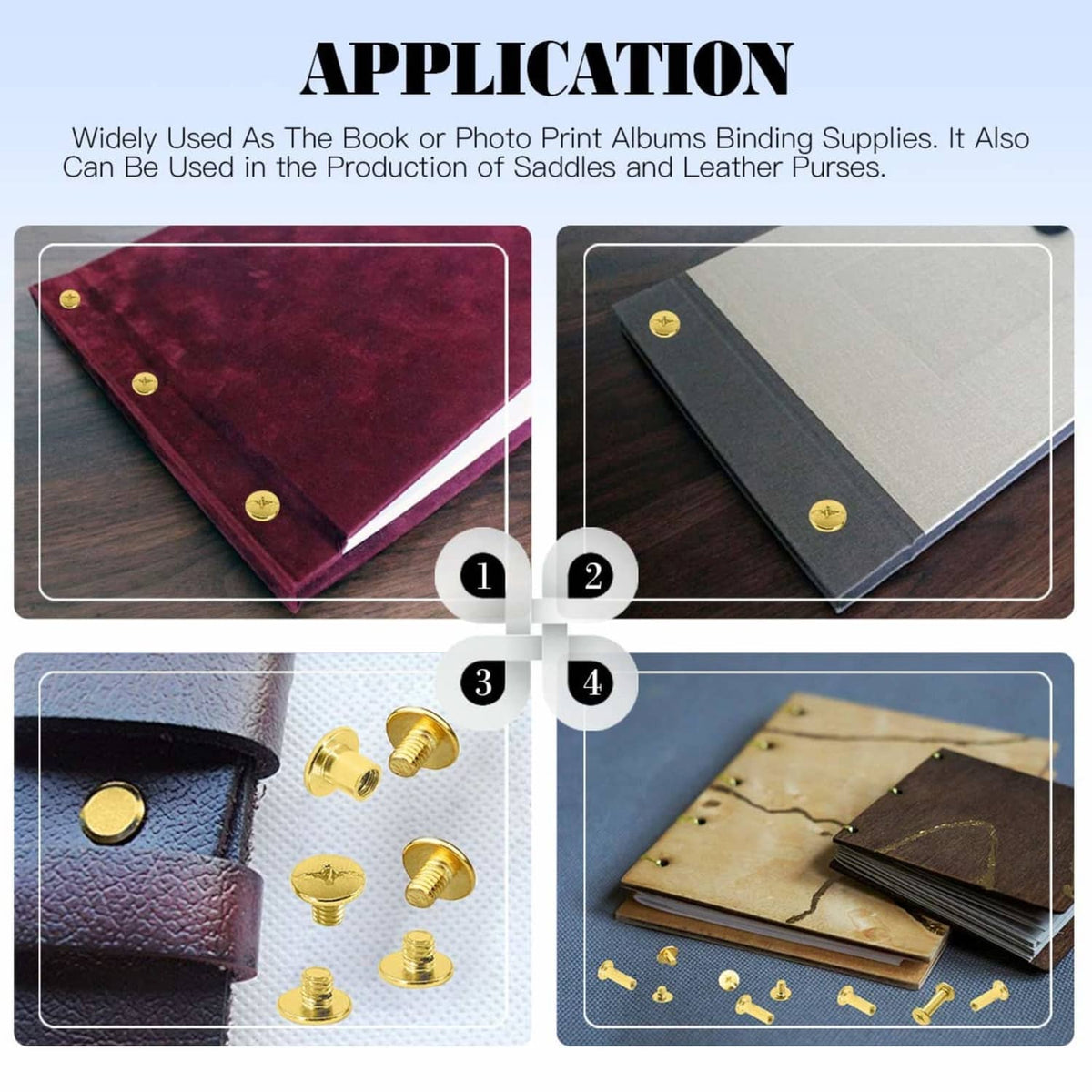 Brass-plated Chicago screw posts fastening leather album pages, gold tone