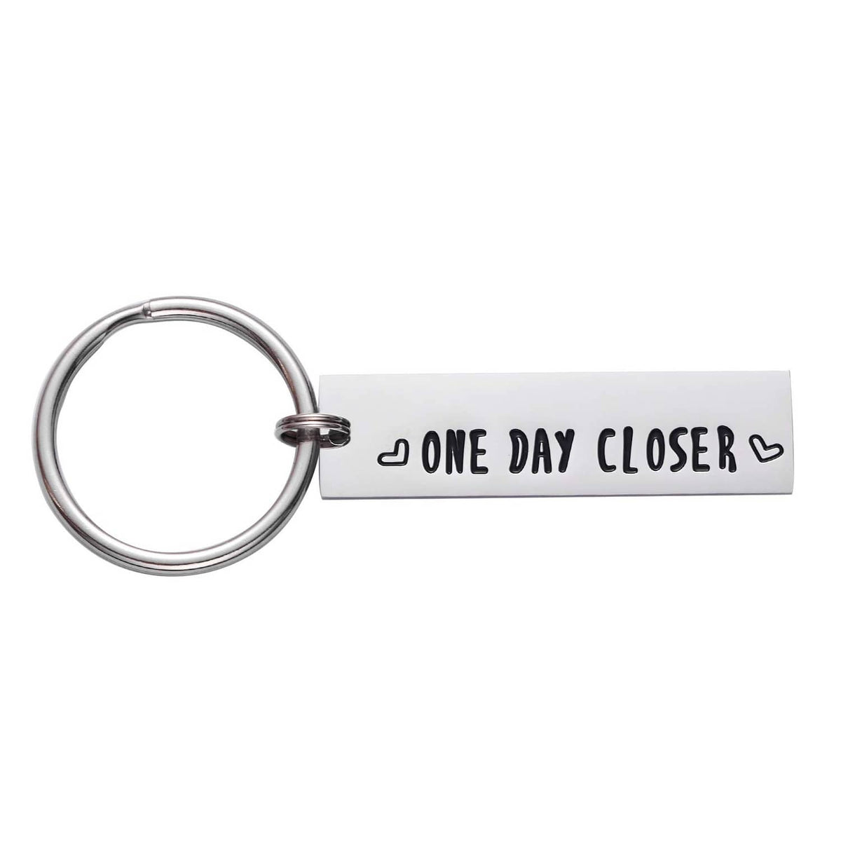 Stainless steel keychain with engraved 'ONE DAY CLOSER' quote and heart accents