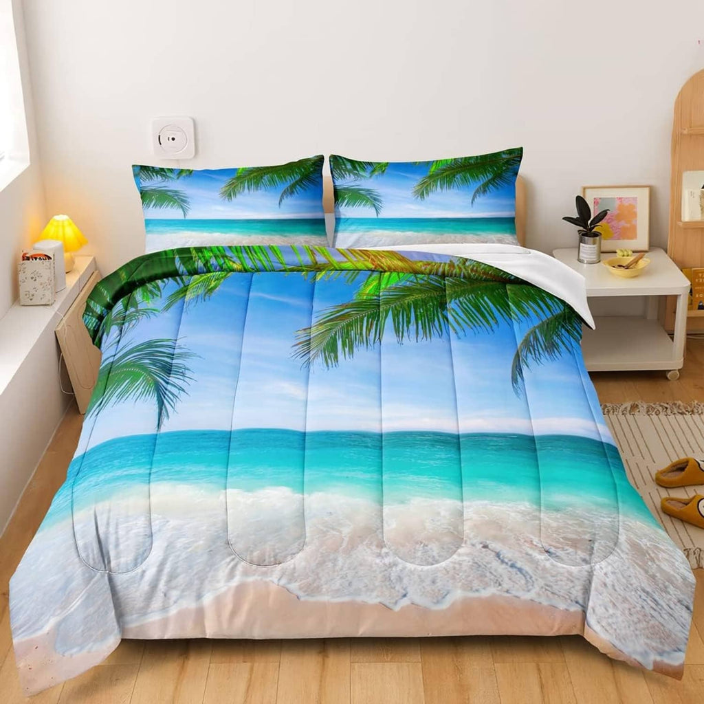 Ocean and palm tree bedding set with comforter and two matching pillow shams