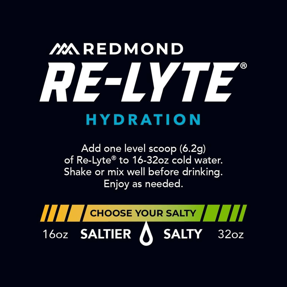 Hydration serving instructions and “Choose your salty” size chart