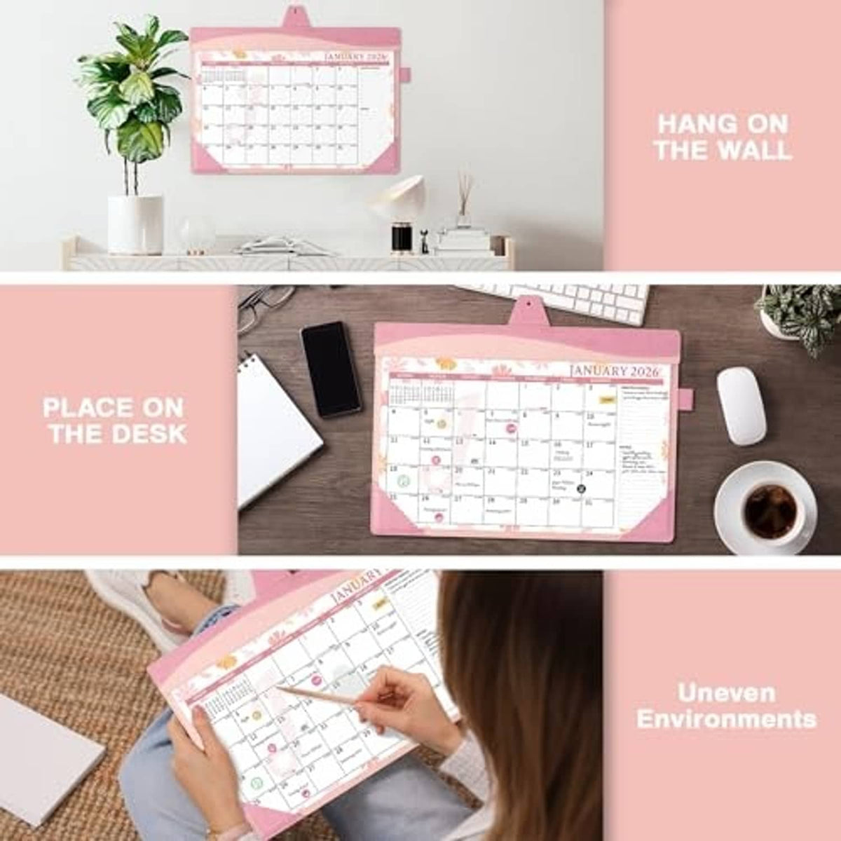 Pink leather wall calendar with floral pages, shown hung on wall and used on desk