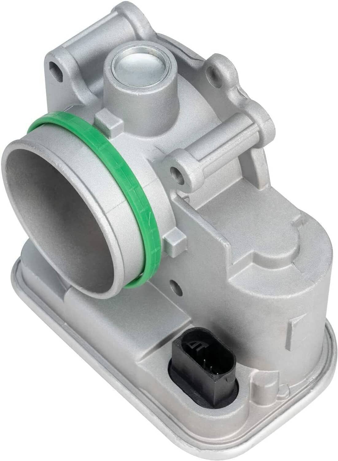 Throttle body with green gasket ring and large circular inlet opening