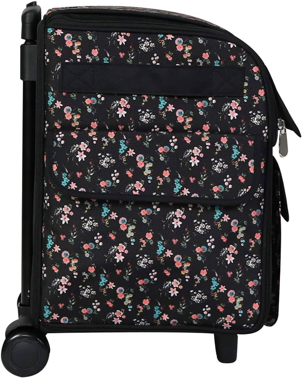 Black floral rolling machine tote with front quilted pocket panel and side zipper