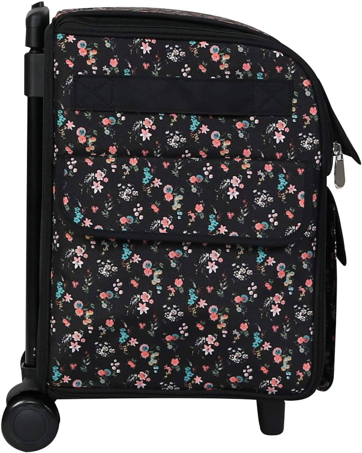 Black floral rolling machine tote with front quilted pocket panel and side zipper