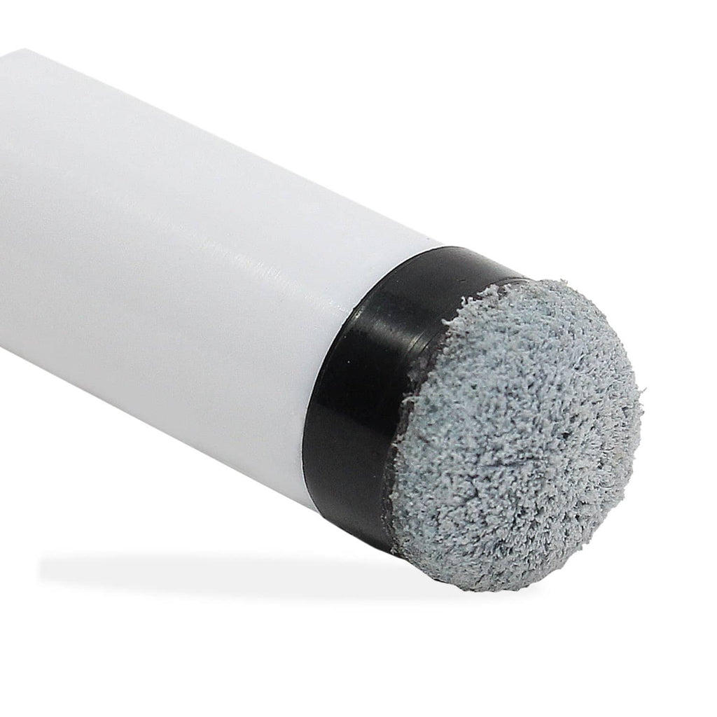 Billiard cue tip end with soft grey cap on black ring, white body