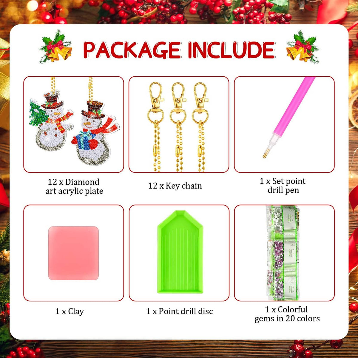 Diamond art ornament kit package include card showing key chain and drill accessories