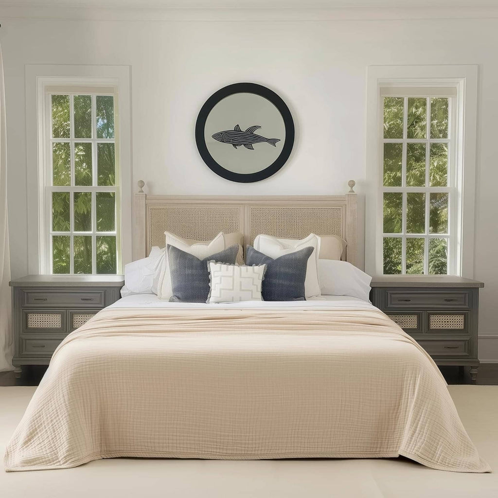 Cream muslin blanket laid across a king bed with matching pillows in a bedroom setting.