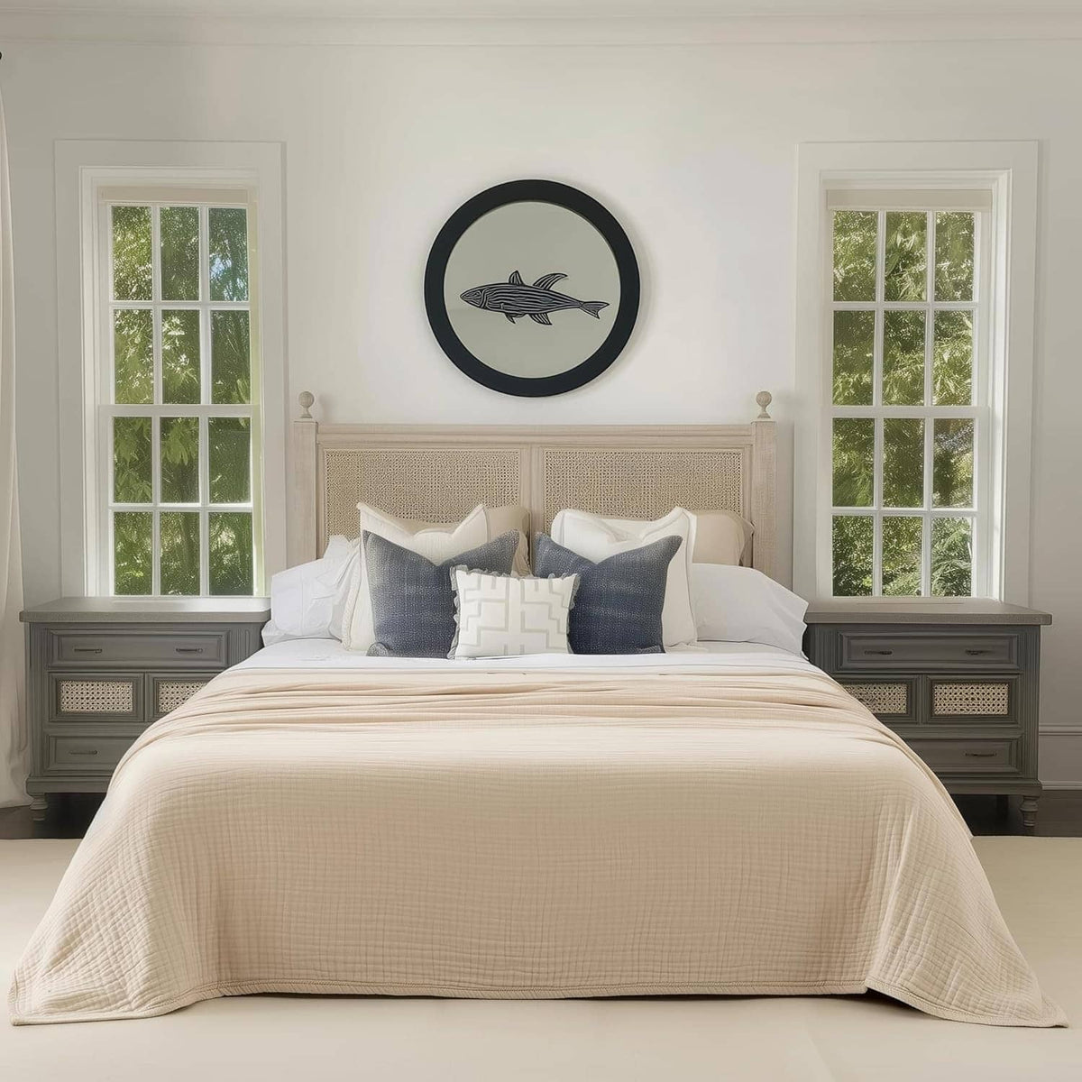 Cream muslin blanket laid across a king bed with matching pillows in a bedroom setting.