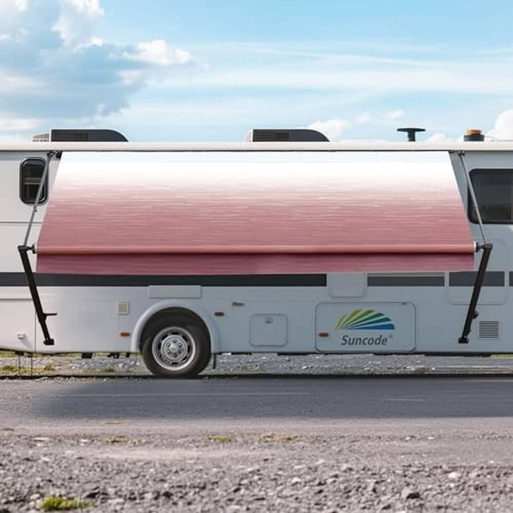 Maroon RV awning fabric replacement canopy mounted on camper side