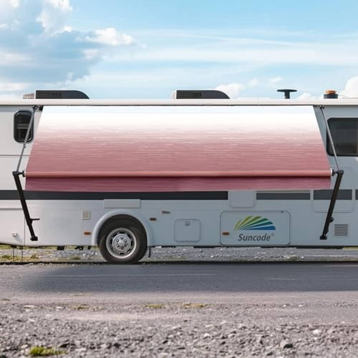 Maroon RV awning fabric replacement canopy mounted on camper side