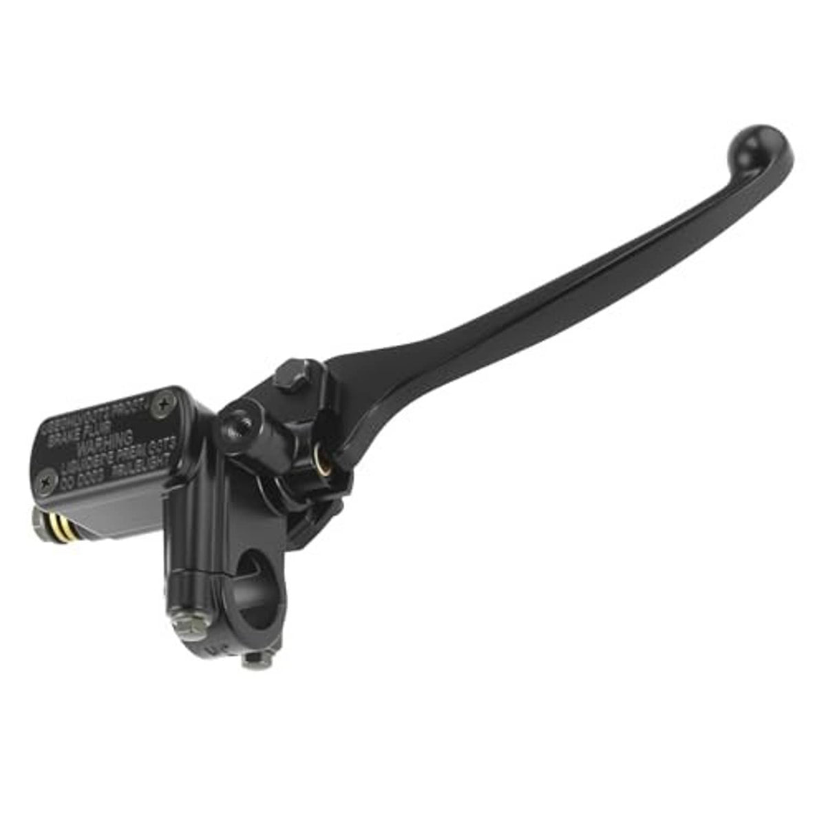 Brake master cylinder lever pump with black lever, reservoir, and side mounting points