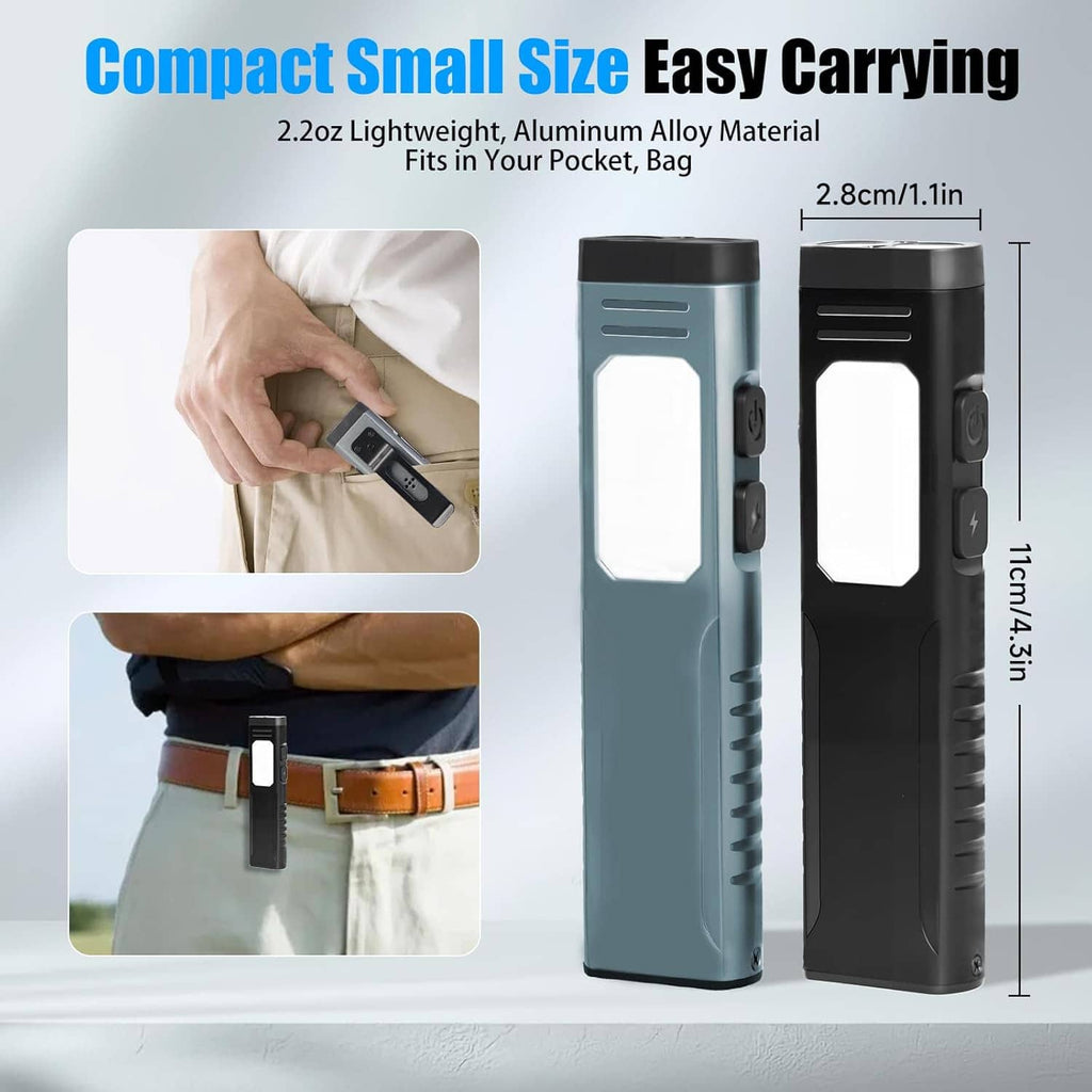 Compact rechargeable flashlight, light gray and black bodies with pocket carry clip