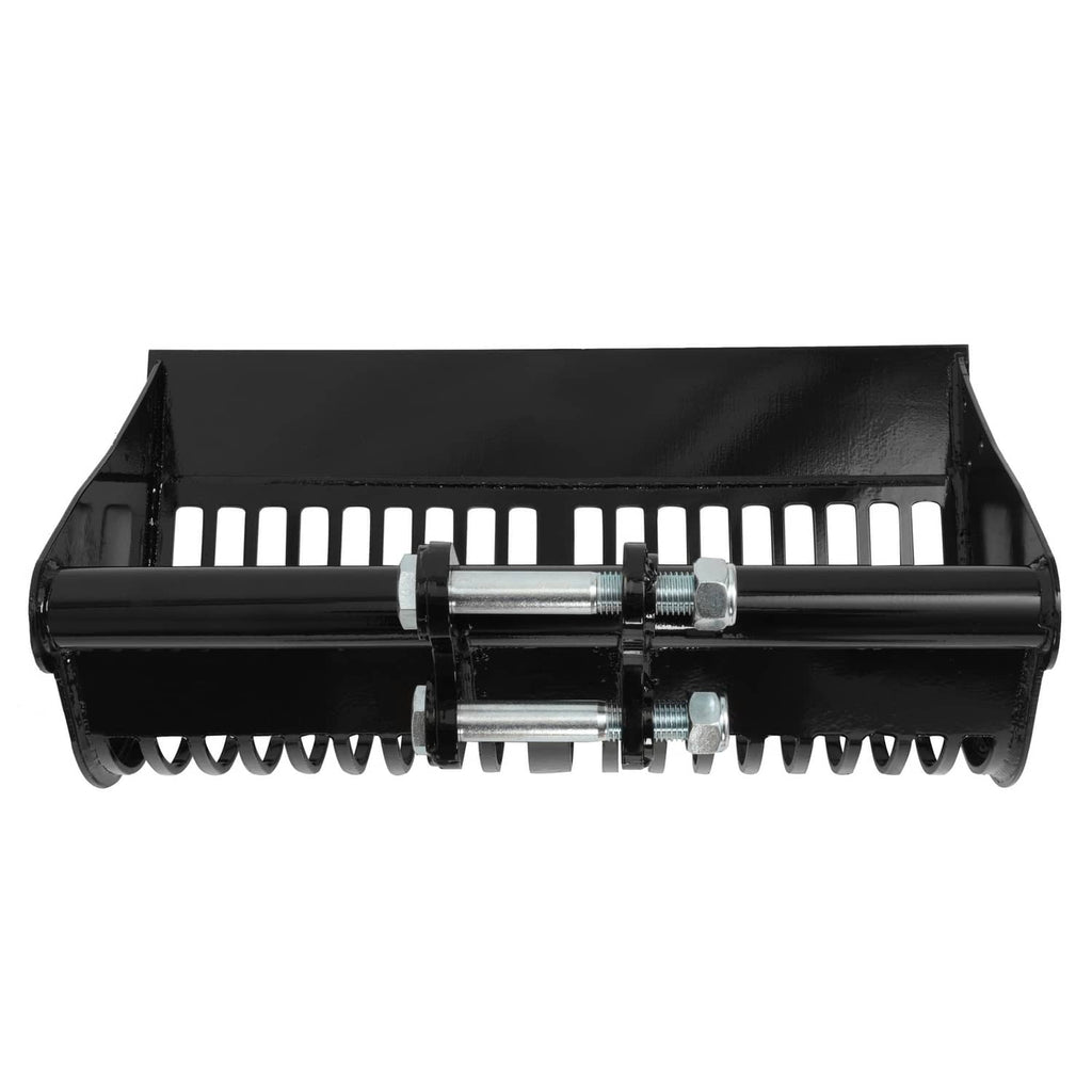 Black screening skeleton mud bucket attachment with roller shaft and steel clamps