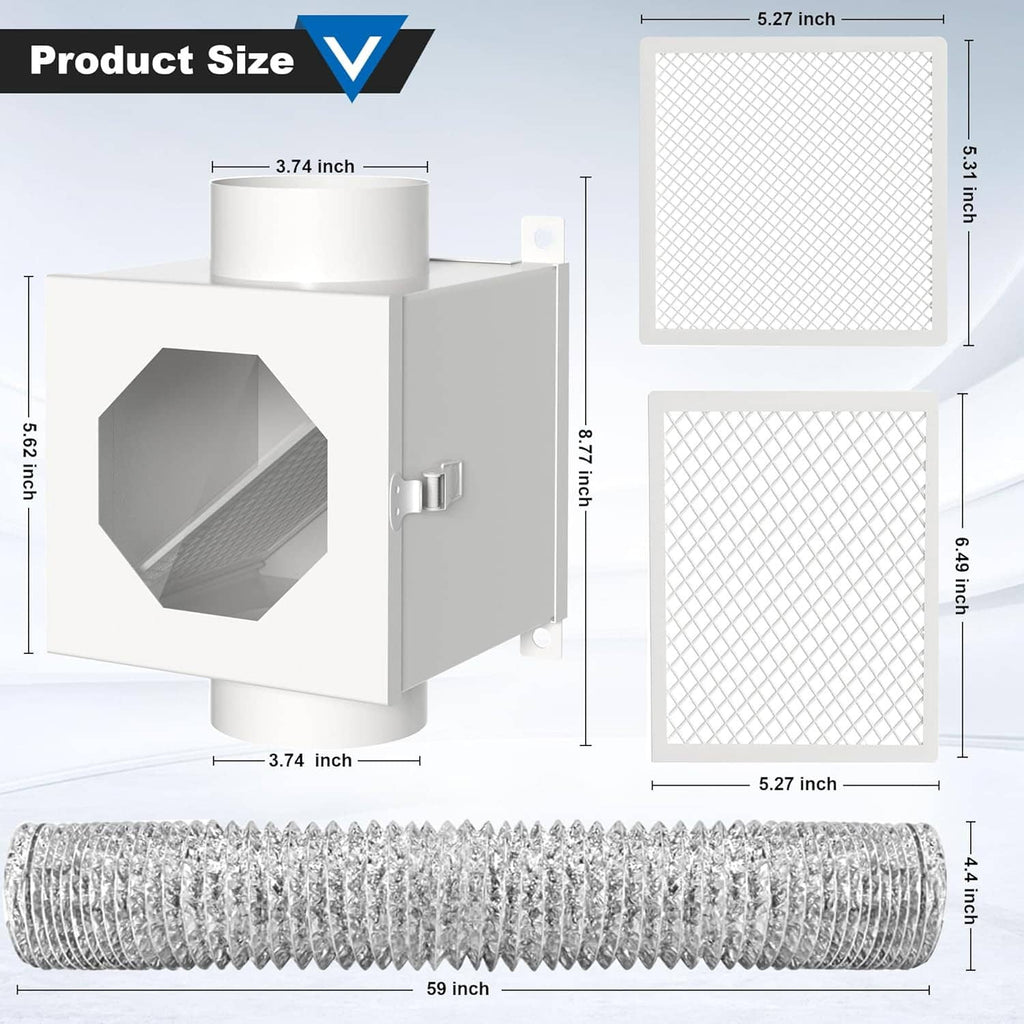Dryer lint trap box with two mesh door screens and 59 in flexible vent duct