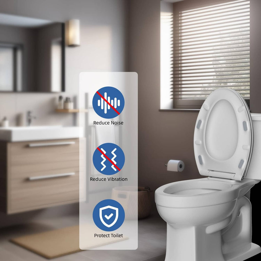 Toilet with installed seat bumper pads to reduce noise and vibration, protective fit