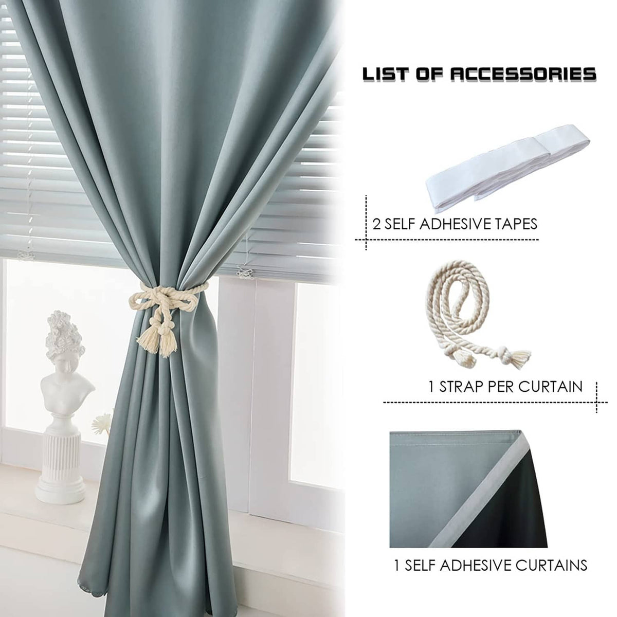 Silver-gray blackout curtain panel with tie strap and included self-adhesive accessories