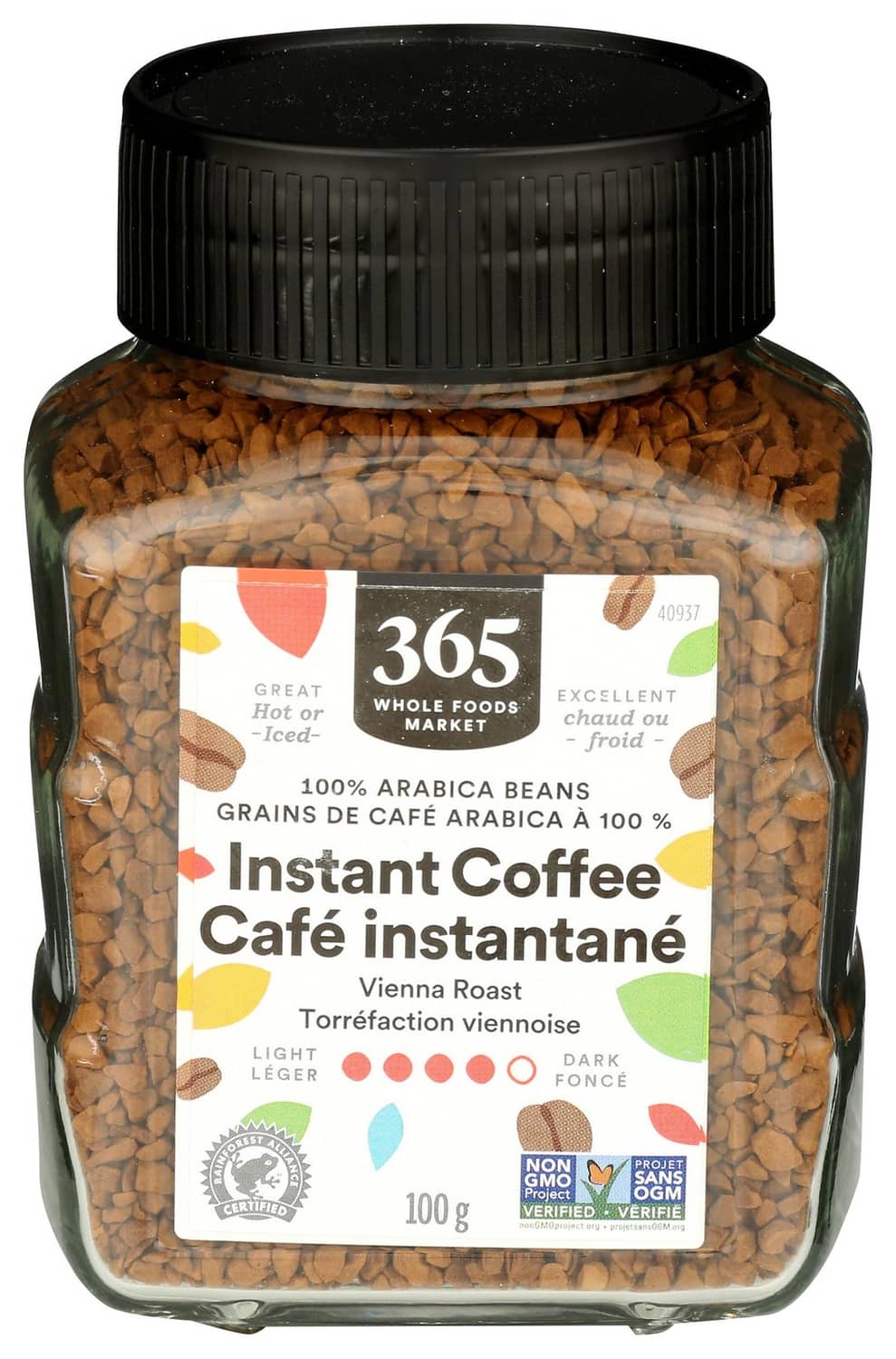 Jar of 365 instant coffee, dark roast, with black ribbed lid and clear sides