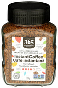 Jar of 365 instant coffee, dark roast, with black ribbed lid and clear sides