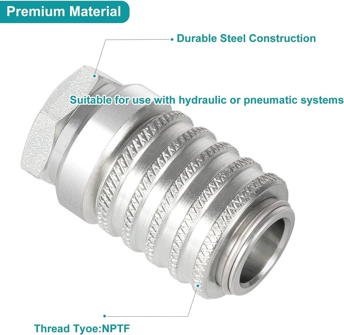 Steel quick coupler with knurled sealing rings and female NPTF threaded end, angled view