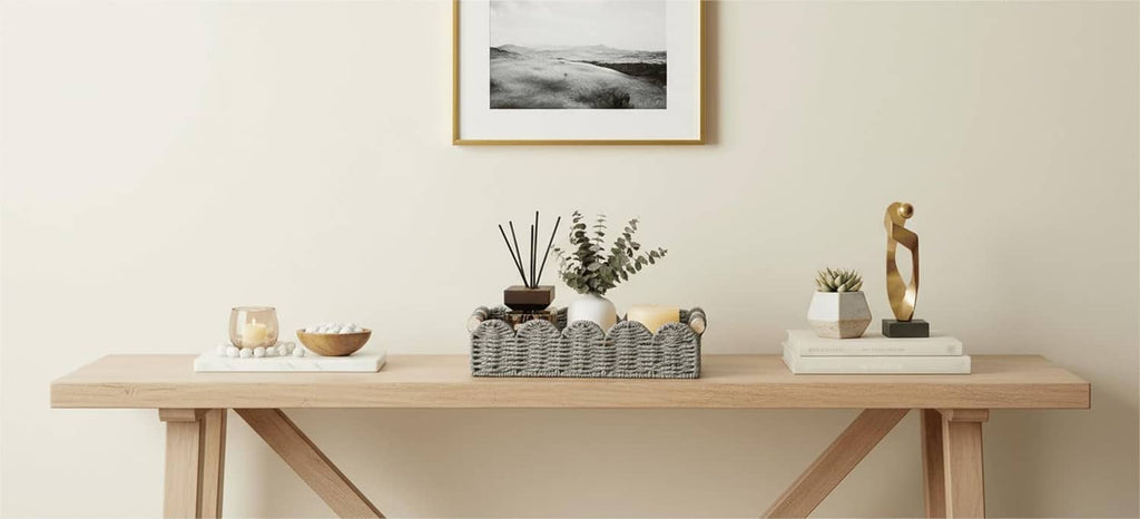 Grey woven toilet paper storage basket on a bathroom shelf with rope handle accents.