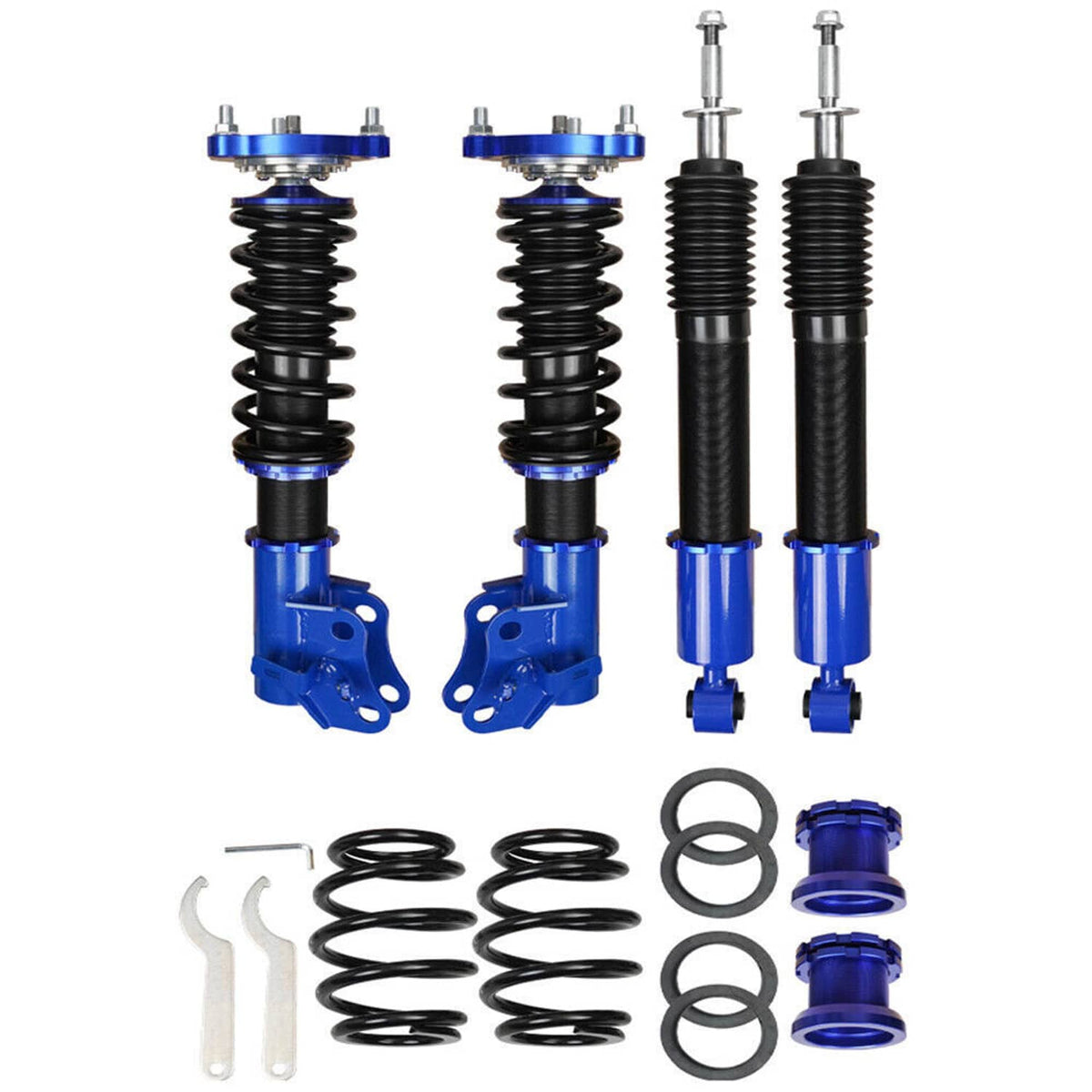 Pair of blue-and-black coilover struts with springs, bump stops, and mounting parts