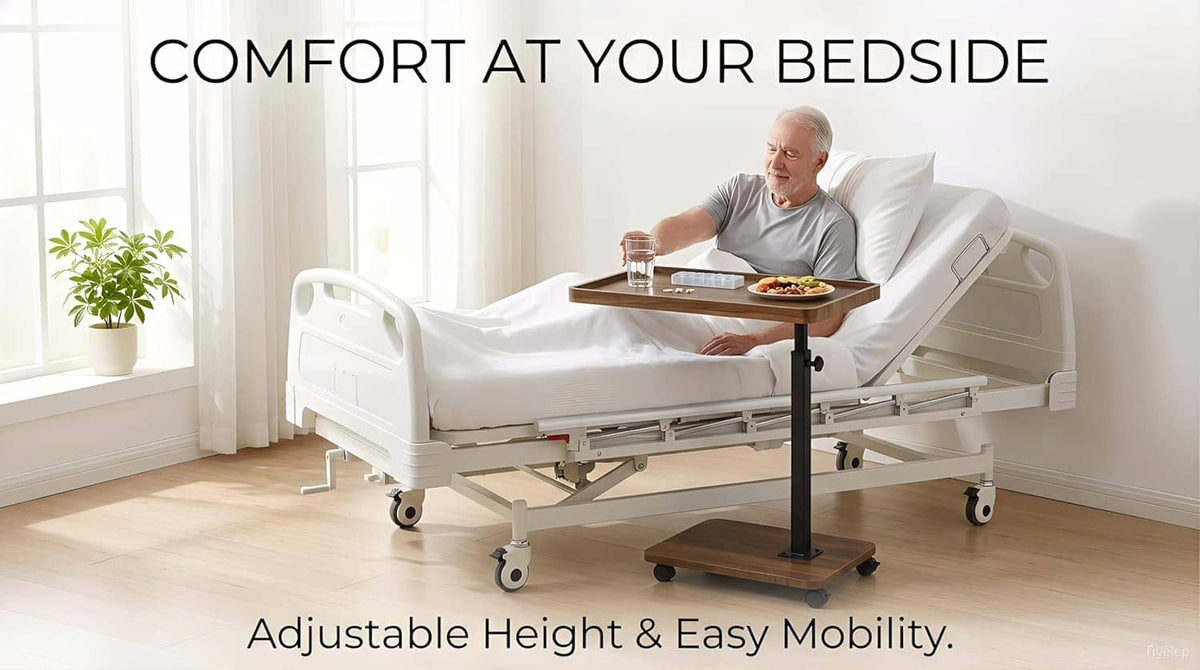 Adjustable height bedside side table with wood top and casters beside bed