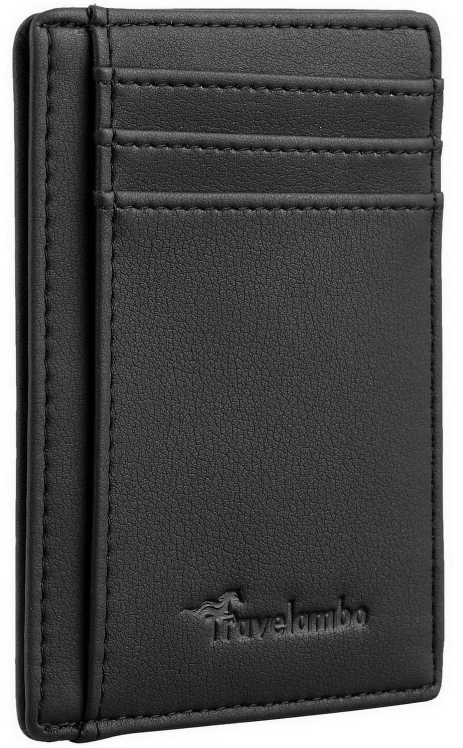Black slim leather wallet with front card slots and Travelambo logo embossing