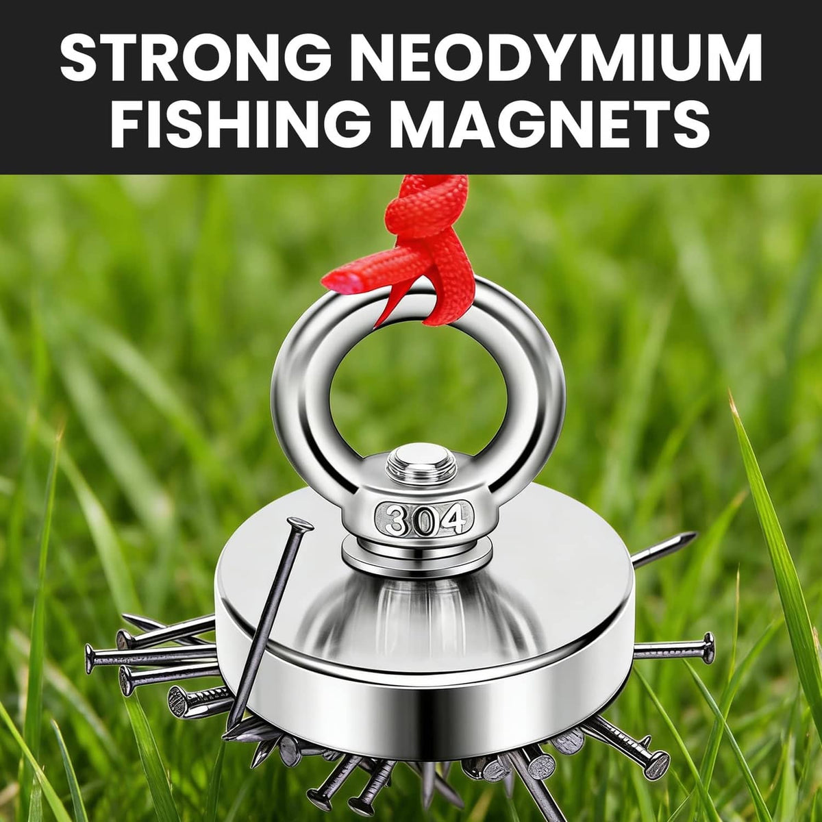 Stainless steel fishing magnet with ring handle, held with red rope and bolts