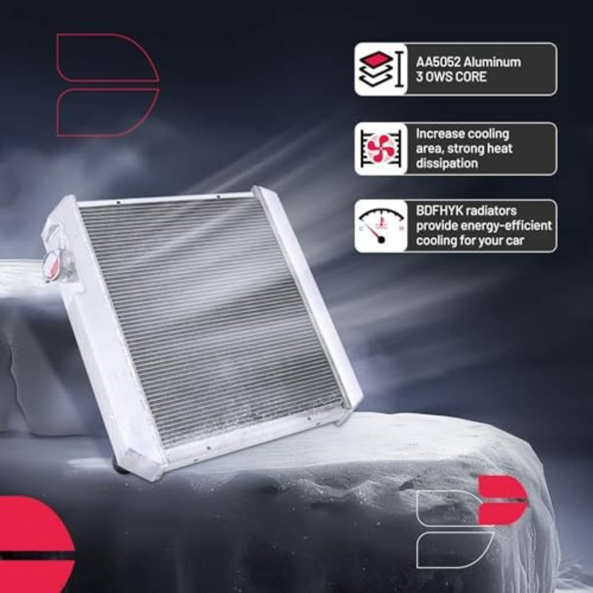 Angled 3-row aluminum radiator with cap, silver frame and dark finned core