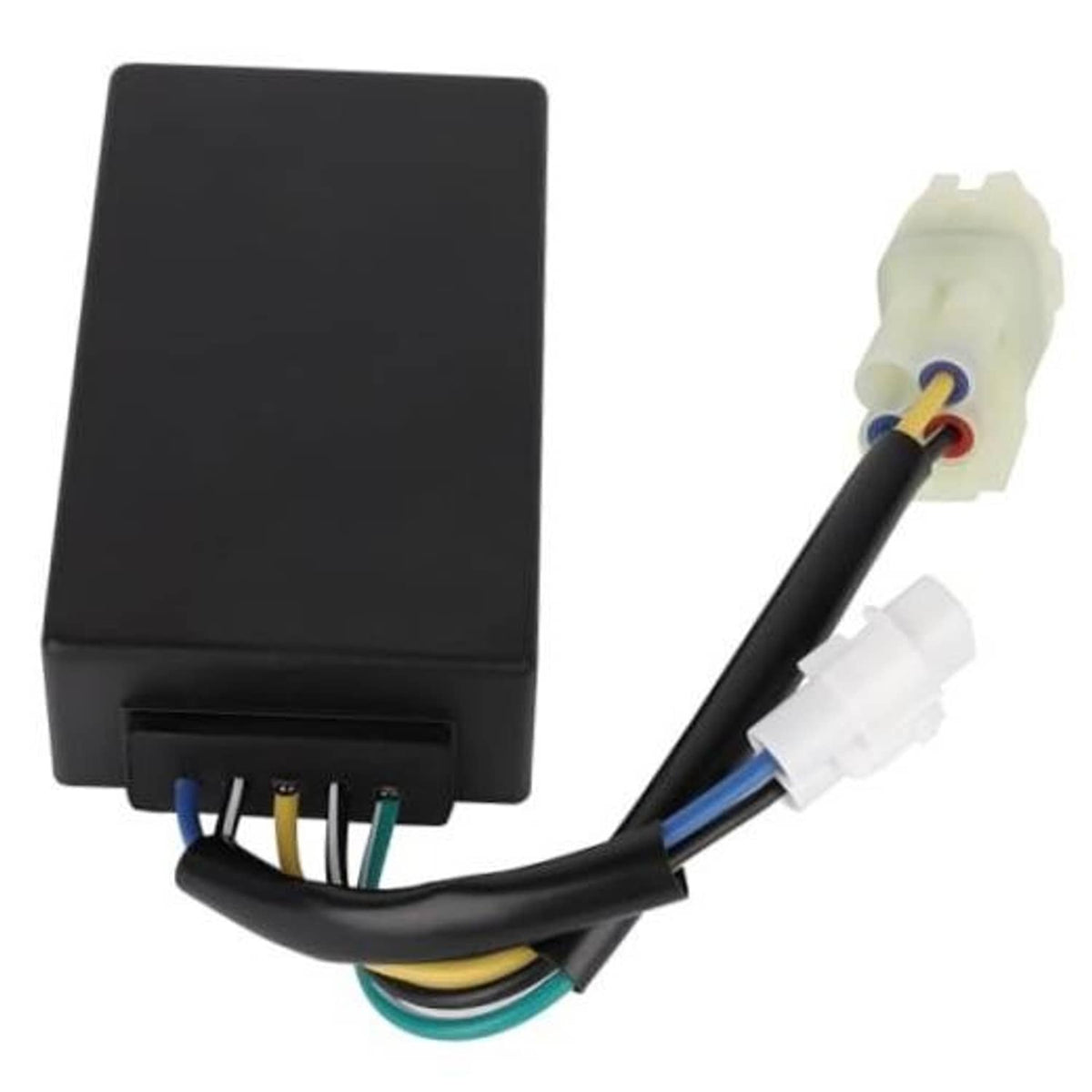 Black ignition control module box with multi-color wire harness and two white connectors