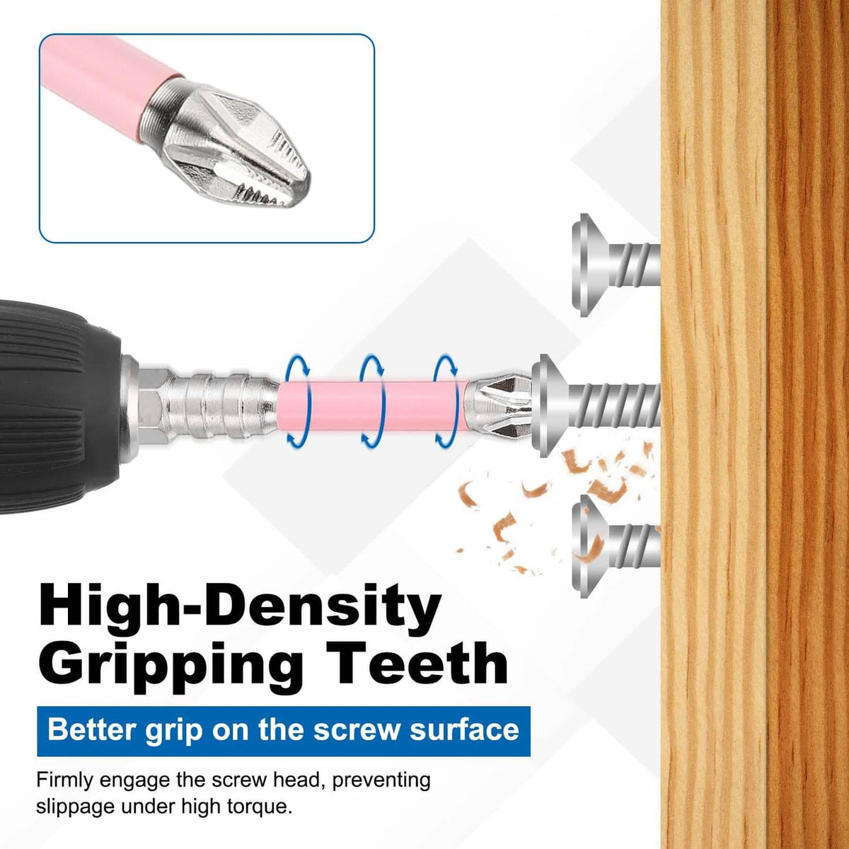 Pink-shaft Phillips impact bit with fine gripping teeth, close-up