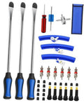 32-piece tire tool kit: three chrome spoons with blue handles plus valve cores and stems