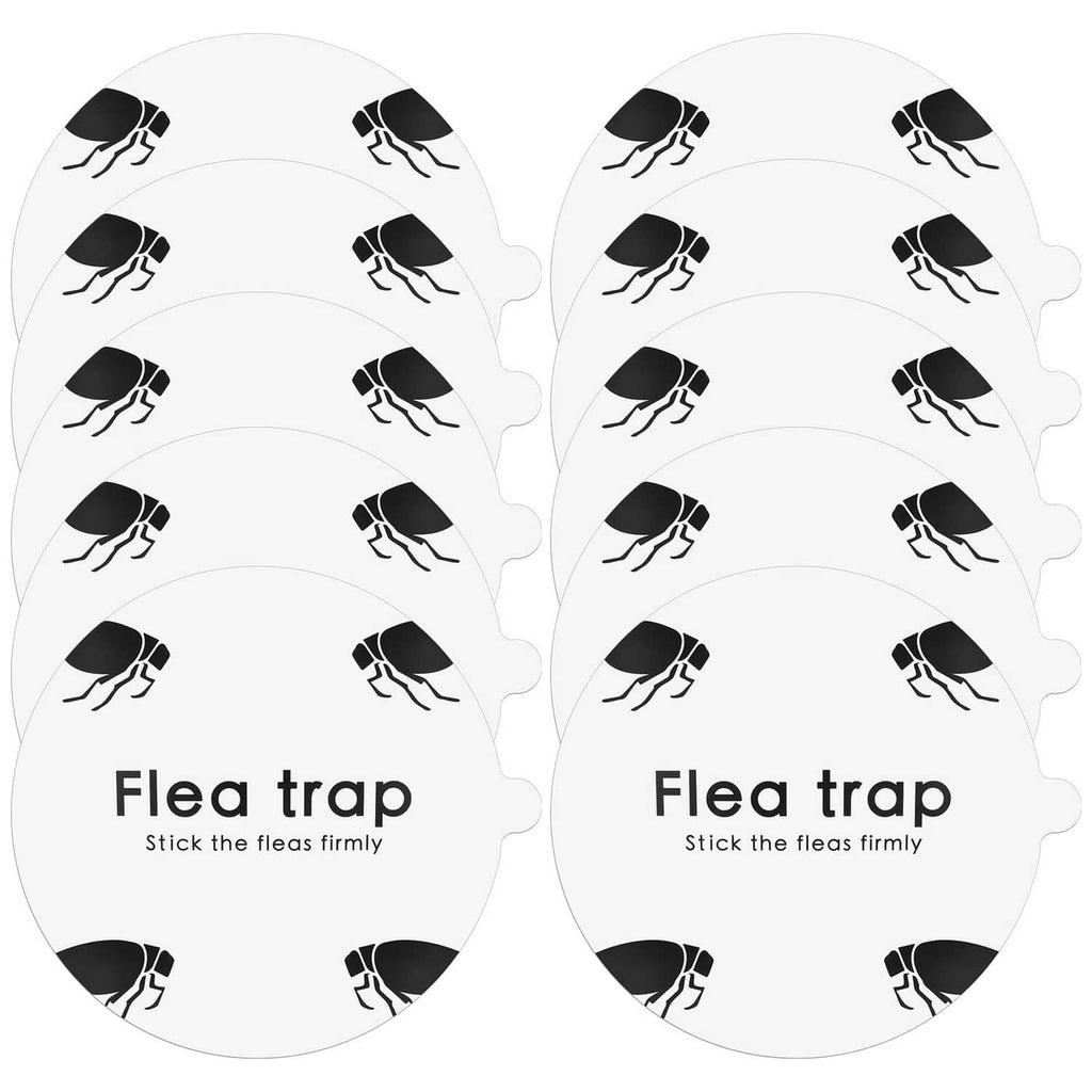 Round white flea trap sticky pads with black flea icons, 10-pack refill style