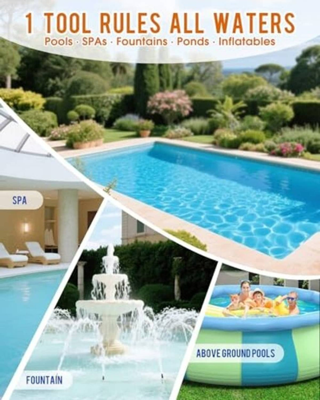 Blue vacuum cleaner for above ground pool, shown with floating pool setup