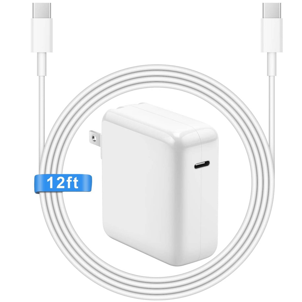 White USB-C power adapter with 12 ft charging cable, wall plug and USB-C port