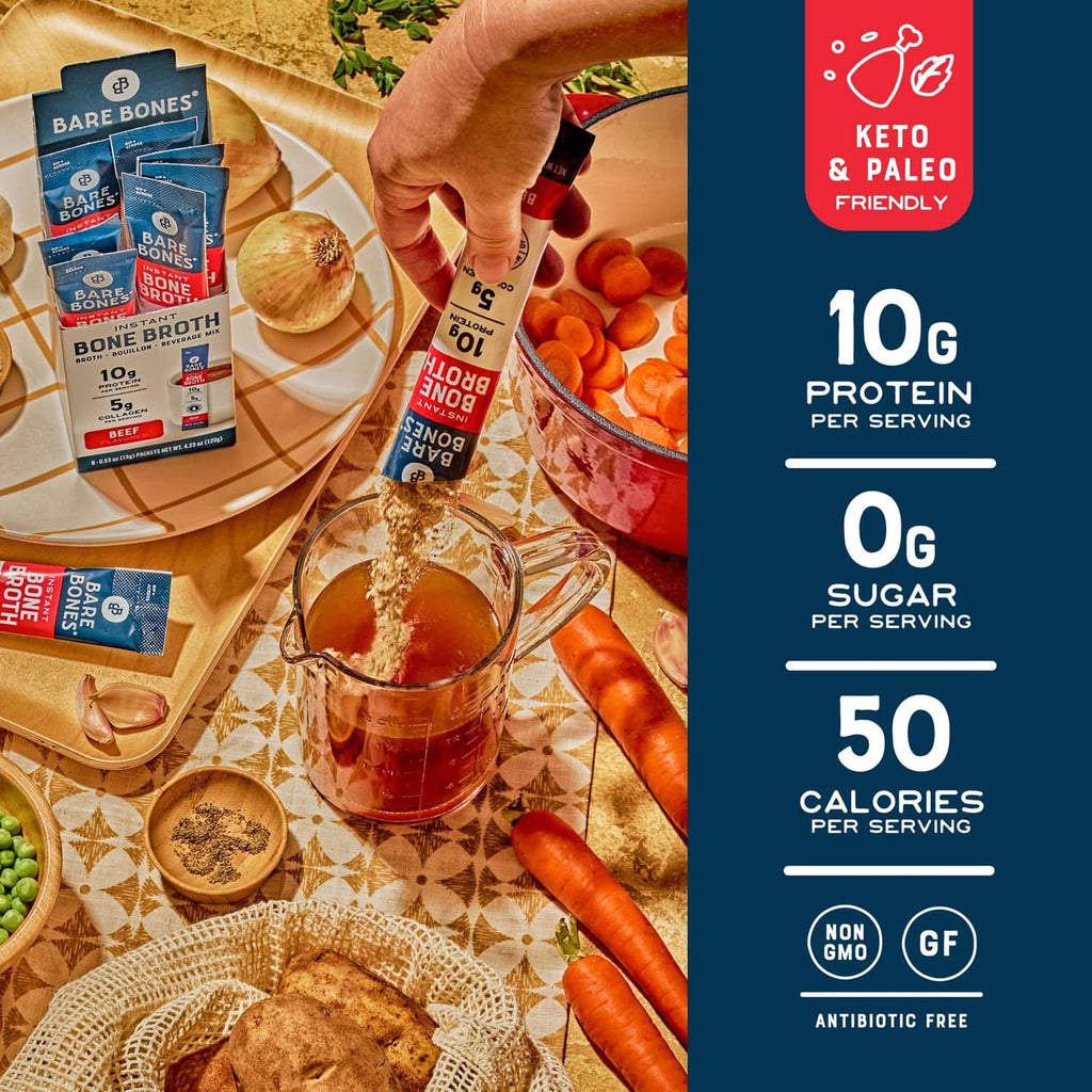 Instant bone broth powder packets with glass cup of broth and sliced beef ingredients