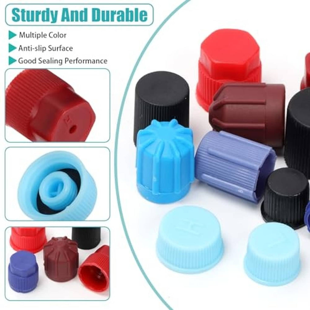 A/C valve core dust caps showing ribbed grip and sealing in blue, red, black, and light blue