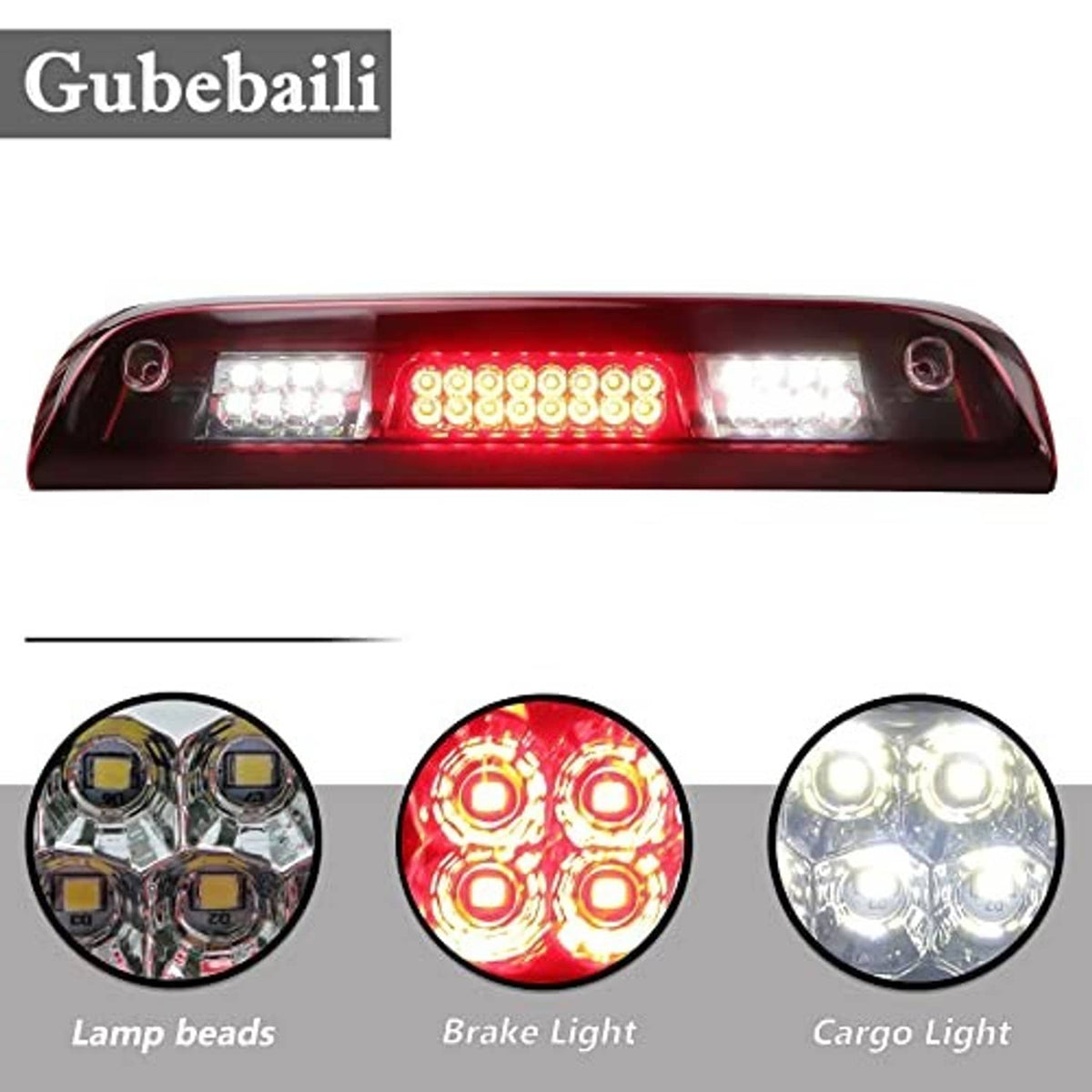 LED third brake light bar with red center lens and white LED blocks, bulb detail circles