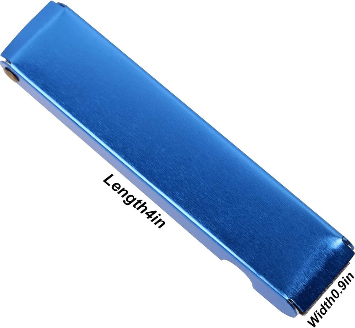 Blue metal organizer case with marked needle insert width and length