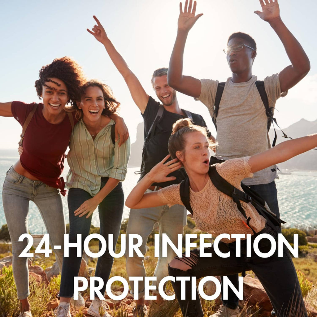 Group outdoors with large text “24-HOUR INFECTION PROTECTION”