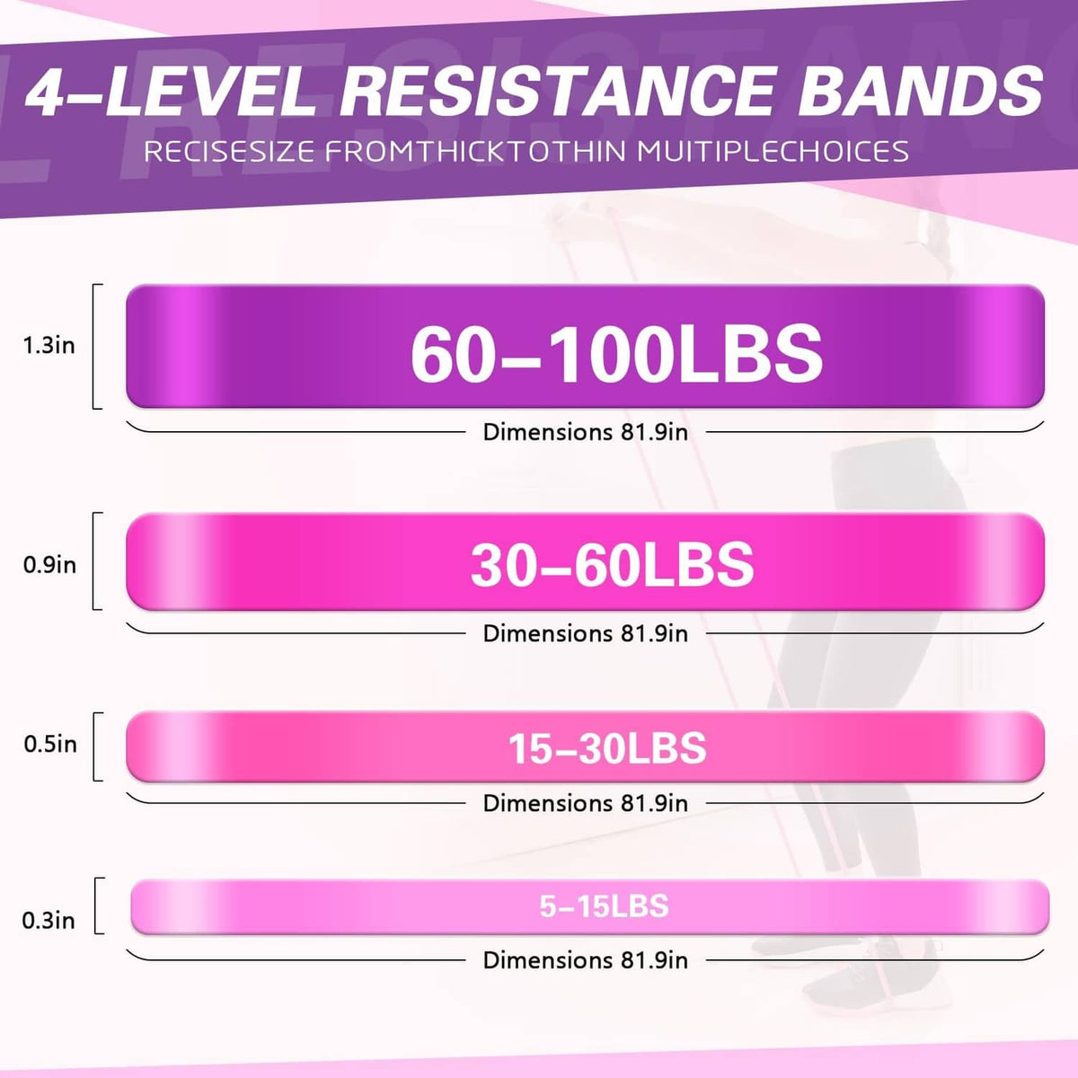 Pink 4-level resistance bands with strength labels: 60-100, 30-60, 15-30, 5-15 lbs